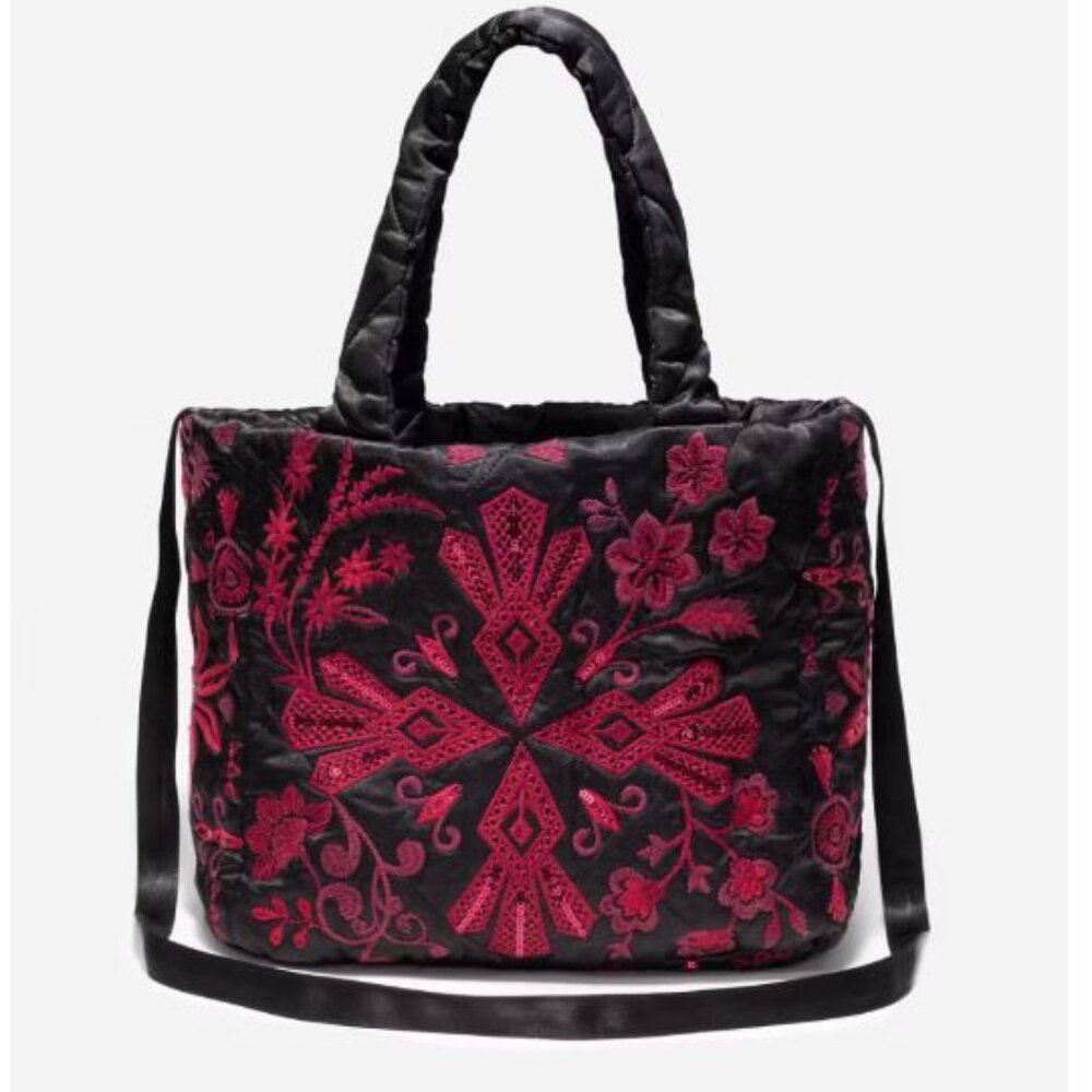 NWT Johnny Was Biya JWLA 3JWorkshop Quilted Tote Bag Annalina Embroidered Sequin